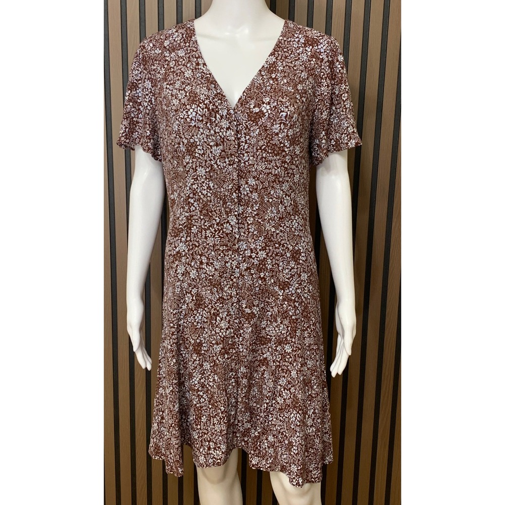Madewell Brown Floral Button Front V-Neck Short Sleeve Mini Dress Size 8